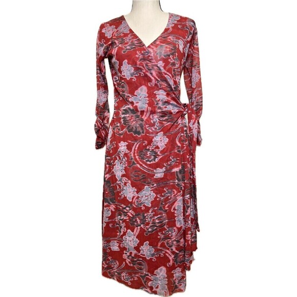 Kokoon Women’s Ruched Sleeve Raw Edge Floral Red Stretchy V-neck Wrap‎ Dress S - Picture 1 of 12